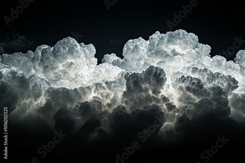 A cluster of cumulus clouds is beautifully illuminated, creating a dramatic yet serene atmosphere with its rich textures and play of light, offering a sense of tranquility. photo