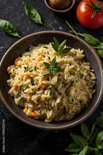 Italian rice dish Risotto cooked with broth vegetables & herbs. delicious healthy food meal, creamy texture. top view