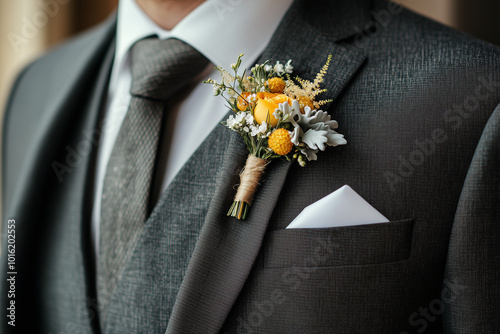 Yellow floral boutonniere on groom's gray suit photo