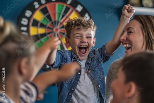 A group of children express sheer joy and happiness, laughing and celebrating in a playful atmosphere. The scene captures the innocence and energy of childhood. photo