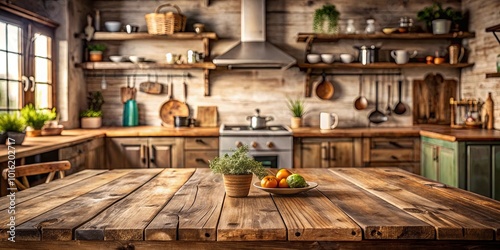 Rustic Kitchen Tabletop With Wooden Plank Surface, Blurry Background Of Kitchen Cabinets And Appliances, Fresh Green Plant In Pot And Bowl Of Fruit