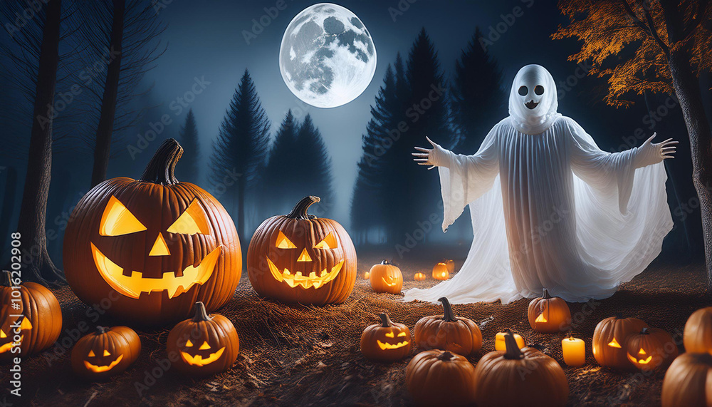 Classic Picture of Halloween with Jack-o'-Lanterns and Ghostly Figures Classic Picture of Halloween with Jack-o'-Lanterns and Ghostly Figures
