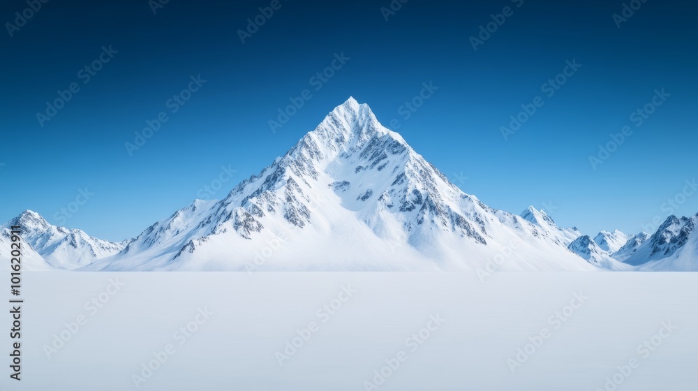 Majestic snow-covered mountains with sharp ridges towering over a frozen valley and a clear blue horizon Majestic snow-covered mountains with sharp ridges towering over a frozen valley and a clear blue horizon