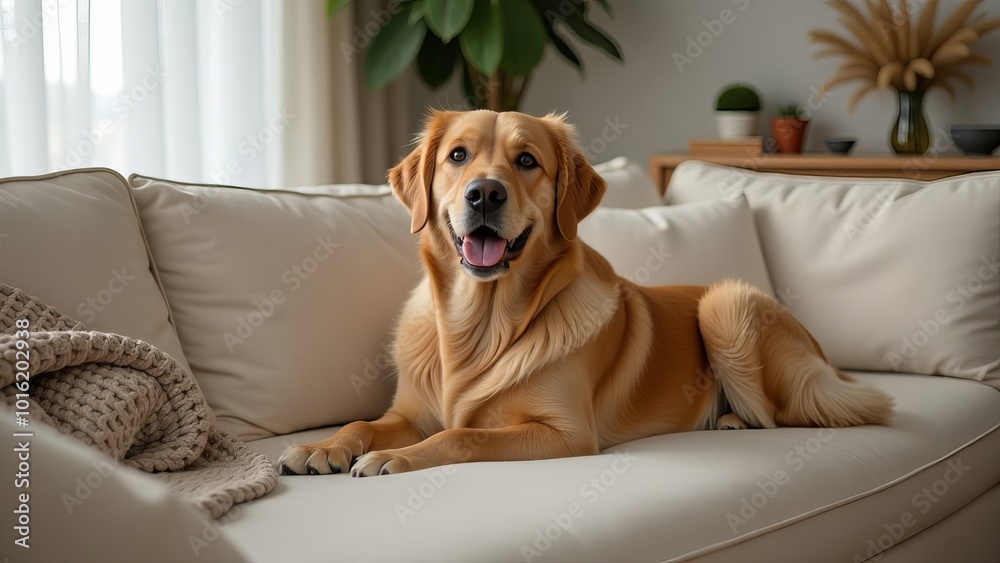 Cute golden retriever is lying on couch in the living room and looking at camera Cute golden retriever is lying on couch in the living room and looking at camera