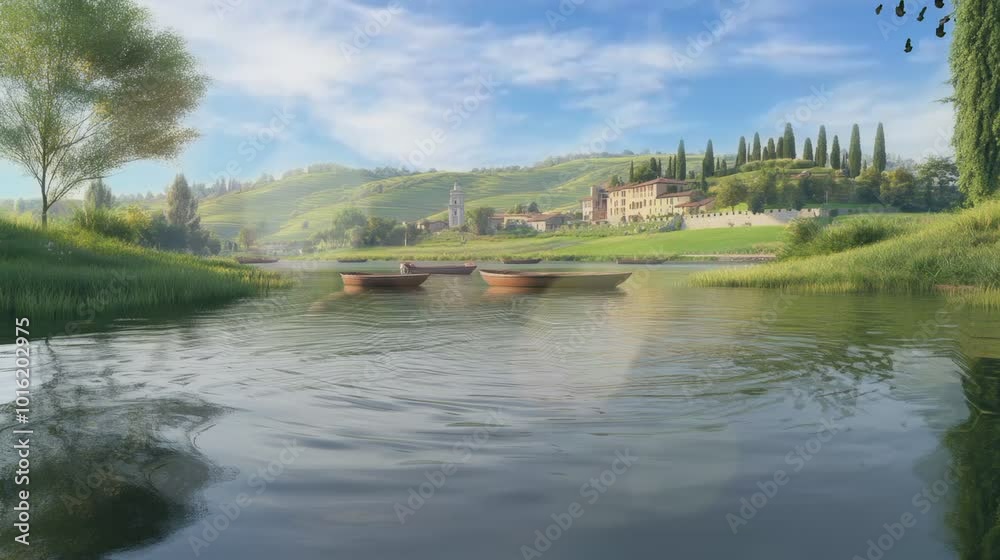 A calm river winds through a green valley. Small boats are on the water, and a village is in the background. Trees and hills surround the scene. A calm river winds through a green valley. Small boats are on the water, and a village is in the background. Trees and hills surround the scene.