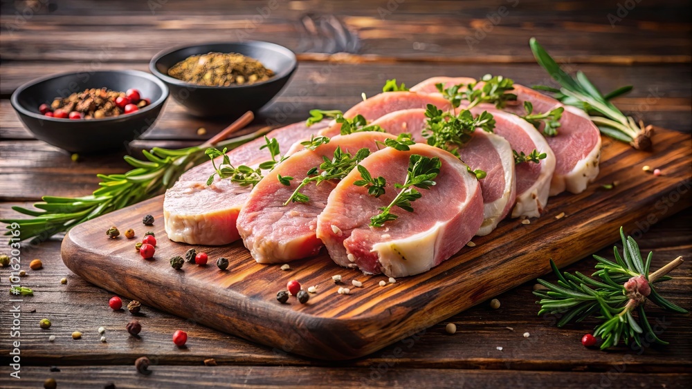 Raw Meat Slices Adorned with Fresh Herbs Ready for Savory Preparation on a Rustic Wooden Cutting Board Raw Meat Slices Adorned with Fresh Herbs Ready for Savory Preparation on a Rustic Wooden Cutting Board