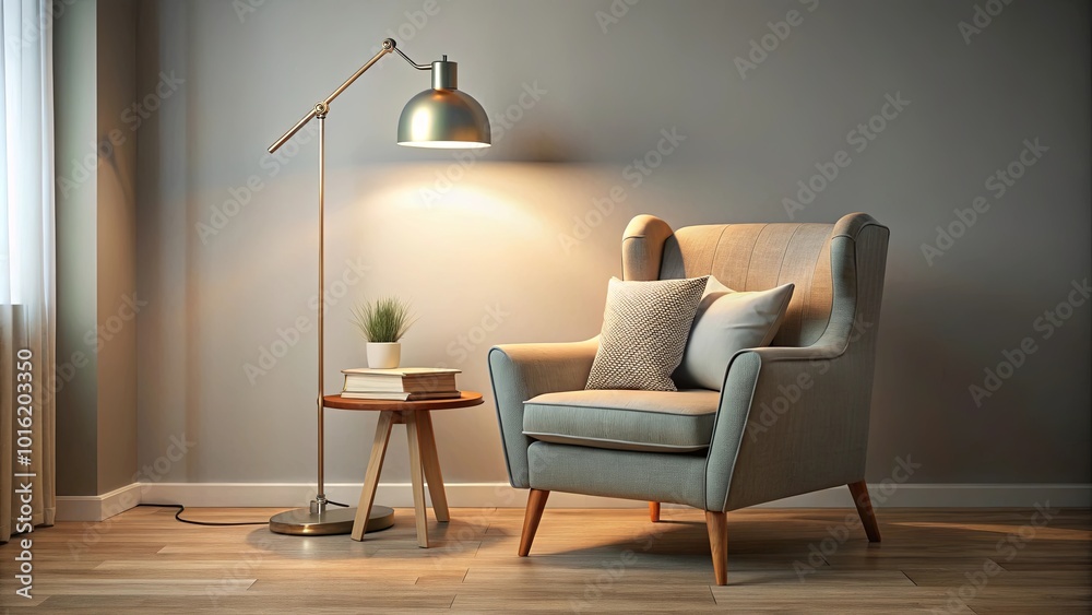 A warm and inviting armchair placed beside a stylish floor lamp, casting a soft glow on the wooden side table and the surrounding space. A warm and inviting armchair placed beside a stylish floor lamp, casting a soft glow on the wooden side table and the surrounding space.