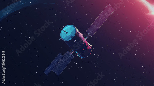 A telecommunication defense satellite in space, serving as an orbital Sputnik receiver and military security data transmitter for internet connectivity. This vector illustration represents worldwide p