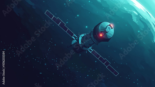 A telecommunication defense satellite in space, serving as an orbital Sputnik receiver and military security data transmitter for internet connectivity. This vector illustration represents worldwide p