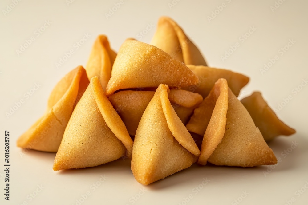 A neatly arranged pile of golden-brown fortune cookies displayed against a plain white background, showcasing their iconic folded shape and inviting crispness. A neatly arranged pile of golden-brown fortune cookies displayed against a plain white background, showcasing their iconic folded shape and inviting crispness.