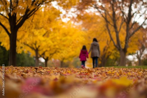 A blurred artistic capture of two figures walking through a carpet of autumn leaves, highlighted by vibrant yellow trees in a serene and tranquil setting.