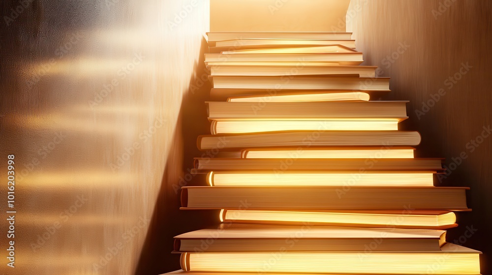 A staircase made of books leads upward, illuminated by warm light, symbolizing knowledge and the journey of learning. A staircase made of books leads upward, illuminated by warm light, symbolizing knowledge and the journey of learning.