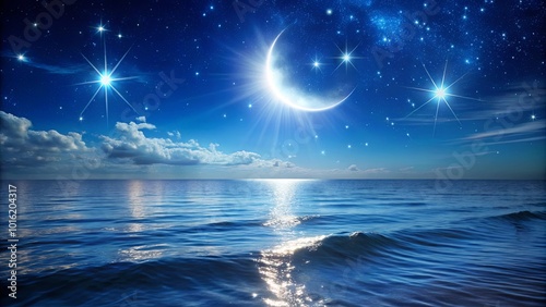 Celestial Symphony A Crescent Moon, Stars, and Gentle Waves Dance Under a Night Sky