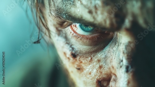 A dramatically close-up image capturing the intense gaze of a mysterious character, the eyes communicate an enigmatic story that invites emotional connection. photo