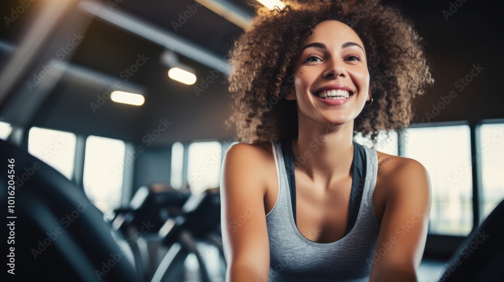 A joyful woman with curly hair beams with energie and positivity while relaxing in a well-lit modern gym. A joyful woman with curly hair beams with energie and positivity while relaxing in a well-lit modern gym.