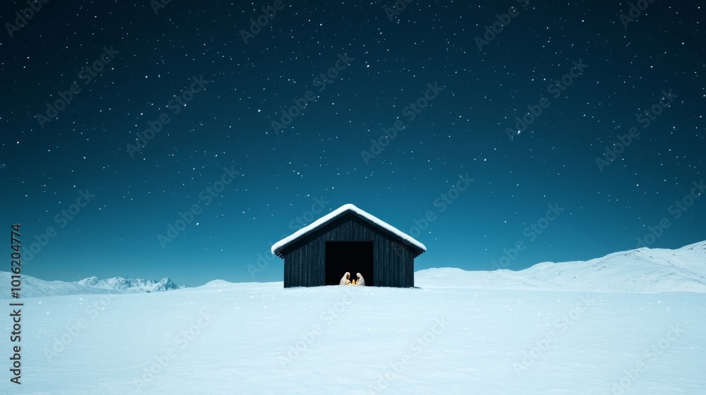 Peaceful nativity scene under a starlit snowy sky, Holy Family in a snow-covered stable, gentle snowfall in the background Peaceful nativity scene under a starlit snowy sky, Holy Family in a snow-covered stable, gentle snowfall in the background
