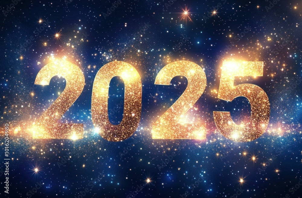 Glowing numbers in a starry galaxy background, symbolizing New Year celebrations and aspirations for the future, filled with sparkles and cosmic elements Glowing numbers in a starry galaxy background, symbolizing New Year celebrations and aspirations for the future, filled with sparkles and cosmic elements