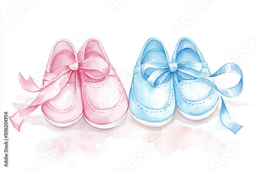 Watercolor illustration of pink and blue baby shoes with bows