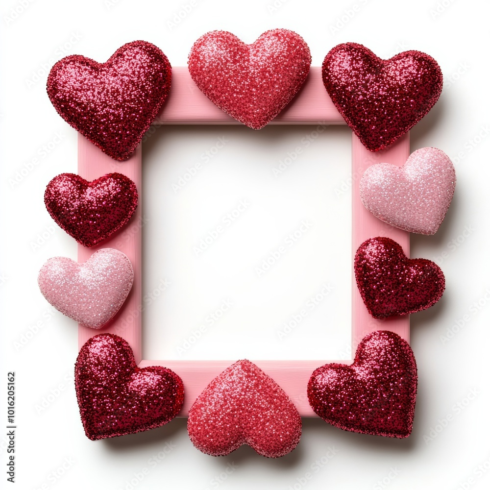 Playful pink and red St Valentine’s picture frame with glittery heart confetti embedded around the border isolated on white background 