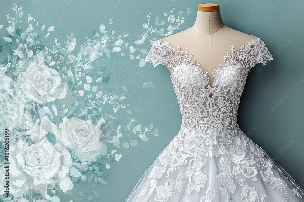 Elegant lace wedding dress on mannequin with floral background Elegant lace wedding dress on mannequin with floral background