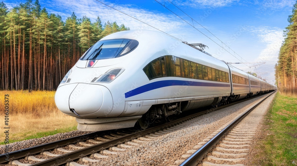 Naklejka premium A sleek modern train moves smoothly along rail tracks, surrounded by a stunning autumn forest that showcases rich colors and a tranquil Russian landscape in the distance