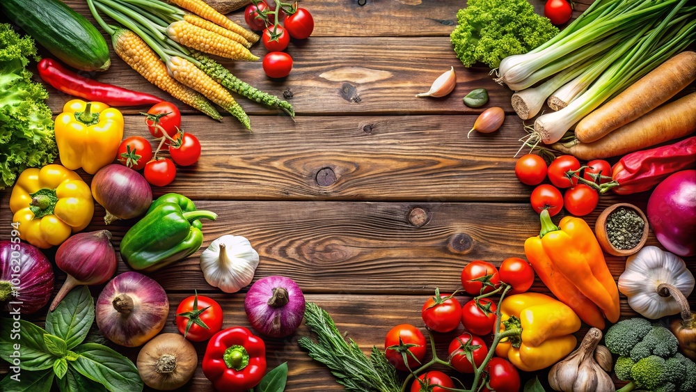 A vibrant array of fresh vegetables, from leafy greens to vibrant peppers, arranged around the perimeter of a rustic wooden surface, leaving a central space for culinary creativity. A vibrant array of fresh vegetables, from leafy greens to vibrant peppers, arranged around the perimeter of a rustic wooden surface, leaving a central space for culinary creativity.