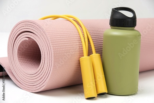 A pink yoga mat rolled up, placed next to a green water bottle with a black cap