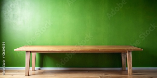 A wooden table stands in front of a vibrant green wall, creating a minimalist backdrop for creative composition.