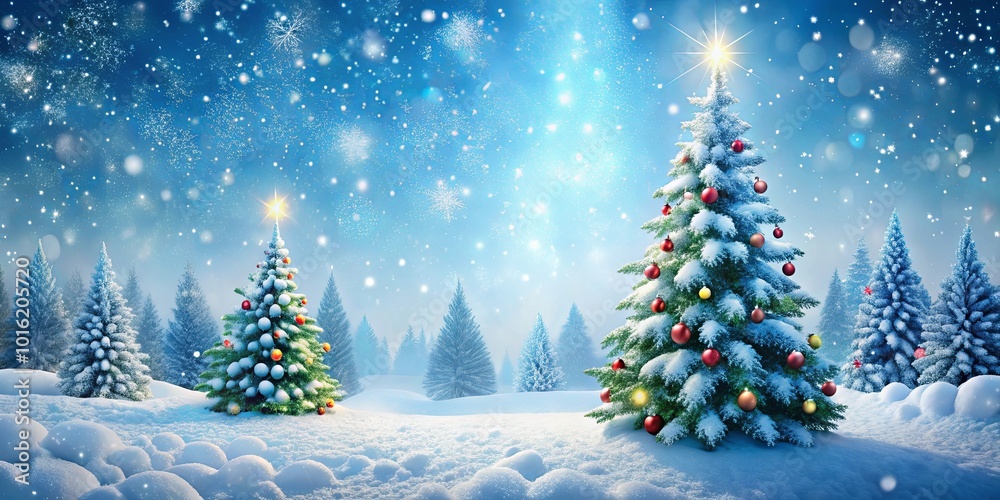 A Festive Winter Scene with Sparkling Snow and Two Decorated Christmas Trees in a Snowy Forest A Festive Winter Scene with Sparkling Snow and Two Decorated Christmas Trees in a Snowy Forest