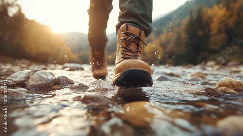 Sturdy hiking boots make a splash as they traverse through a rocky riverbed, embodying persistence, resilience, and the spirit of adventure and outdoor exploration.