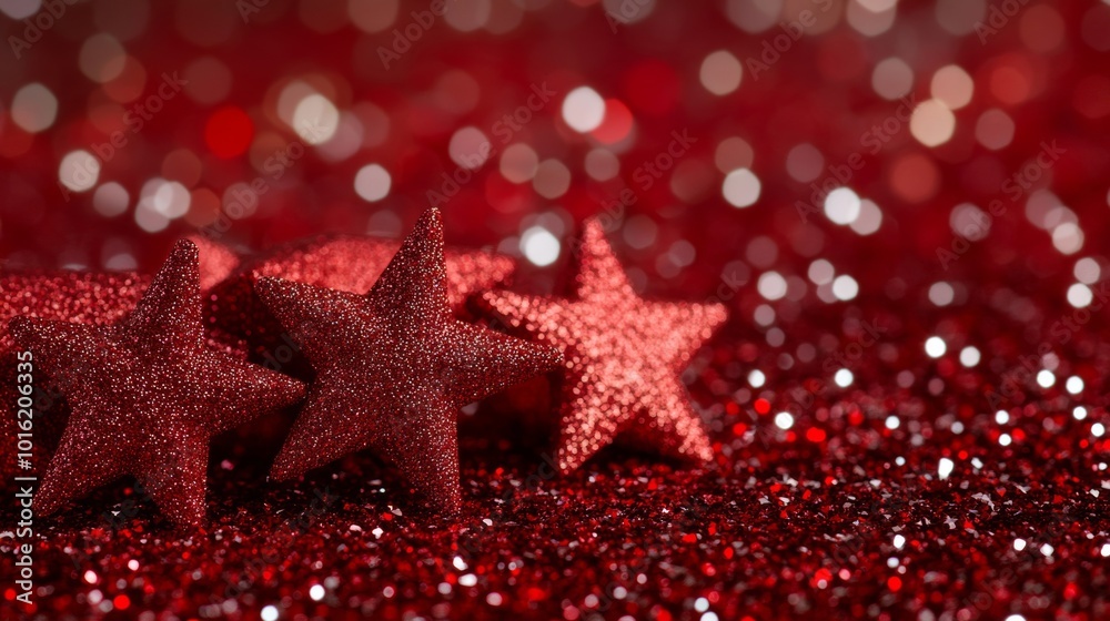 Red glittery background with scattered star sparkles, soft glowing bokeh texture creating a festive holiday mood Red glittery background with scattered star sparkles, soft glowing bokeh texture creating a festive holiday mood