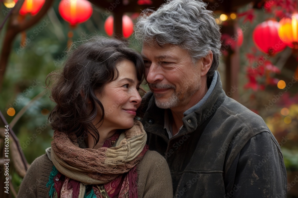Portrait of a middle-aged couple in the park on a background of red lanterns Portrait of a middle-aged couple in the park on a background of red lanterns