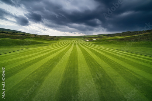 Pristine golf course fairway with meticulously striped grass, surrounded by lush hills under a dramatic, cloudy sky.