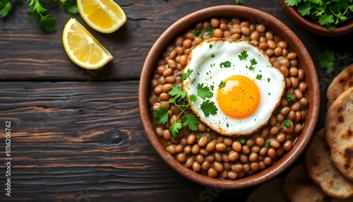 Traditional Egyptian Medames Foul with Fried Egg and Fresh Parsley (Egyptian Cuisine) photo