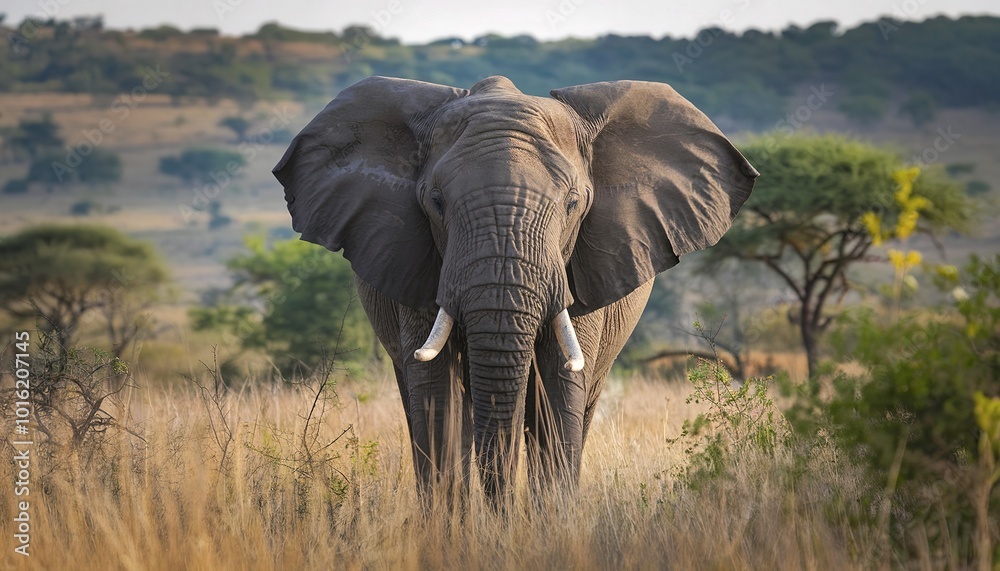 Fototapeta premium A majestic elephant standing amidst tall golden grasses, with its large ears spread out