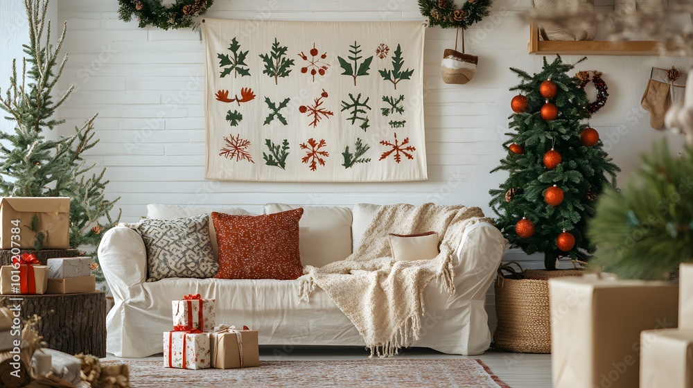 Cozy Christmas Living Room with Decorated Tree and Gifts