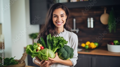 A young woman beams in a professional kitchen, holding fresh vegetables, embodying passion and joy for culinary arts in a vibrant setting.