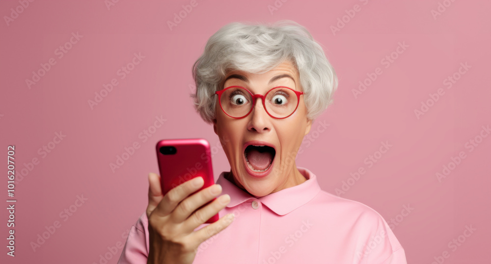 An older woman with red glasses reacts excitedly while looking at her phone, set against a vibrant pink background. An older woman with red glasses reacts excitedly while looking at her phone, set against a vibrant pink background.