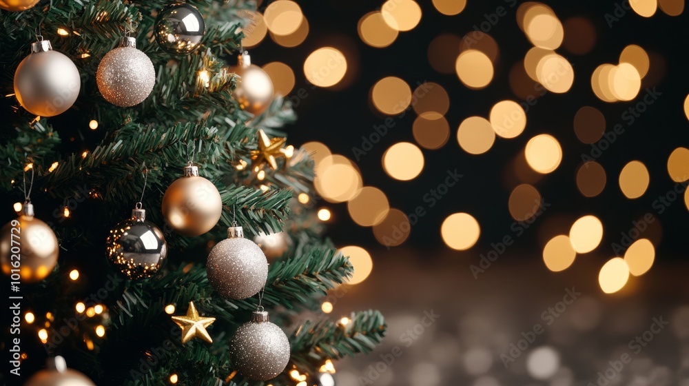 Shimmering Christmas tree with silver baubles and golden stars, softly blurred background glowing with holiday warmth Shimmering Christmas tree with silver baubles and golden stars, softly blurred background glowing with holiday warmth