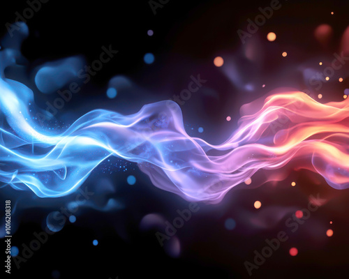 Dynamic swirling smoke with vibrant blue and red tones flowing against a dark background, creating a mesmerizing visual effect.