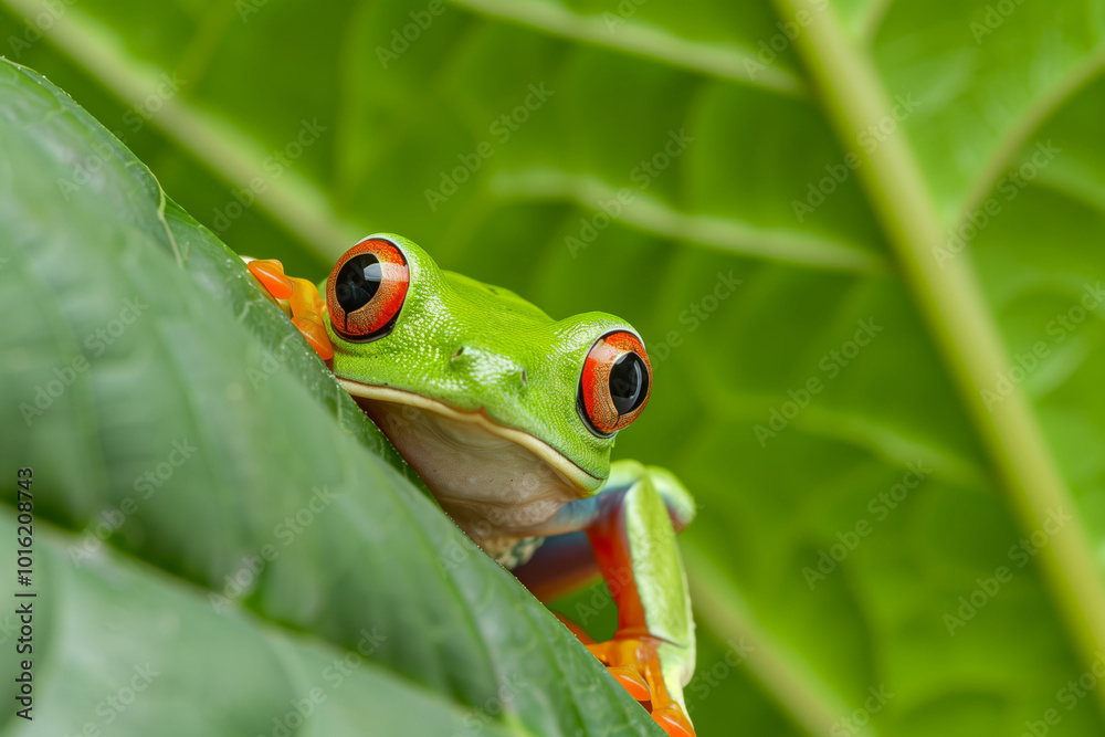 Naklejka premium Green frog, tropical jungle with red eyes is sitting on a leafs in the rain forest. The amphibian is looking at the camera