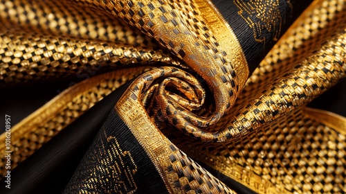 Close-up of luxurious black fabric with gold patterned detail, twisted and forming a spiral. photo