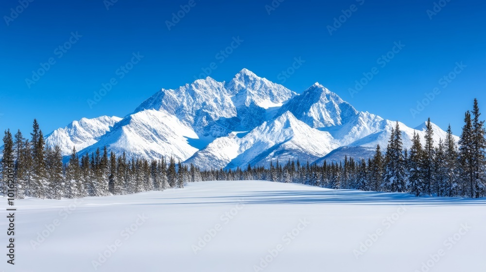 Fototapeta premium Snow-covered forest leading to distant towering mountain peaks under a clear, deep blue winter sky 