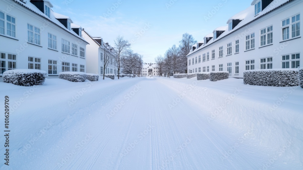Obraz premium Snow-covered historic city center with charming old buildings and cobblestone streets under a clear winter sky 