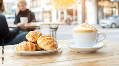 A cup of Latte coffee in a cozy European café on a peaceful Sunday afternoon, sipping coffee, chatting, and enjoying the warmth of sunlight filter to the windows. a beauty of slow living and comfort.