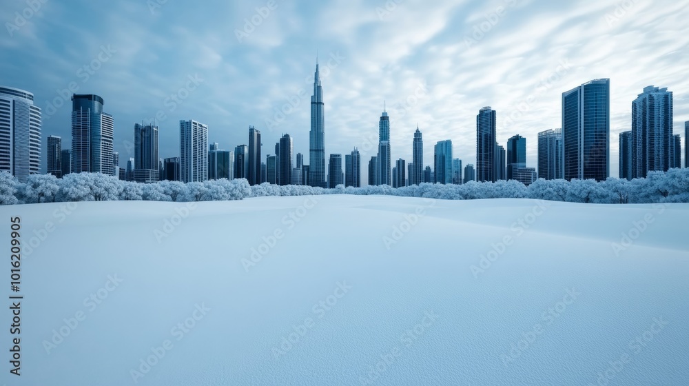 Snow-covered skyline of a futuristic city with towering skyscrapers and frosted green spaces under a cold winter sky Snow-covered skyline of a futuristic city with towering skyscrapers and frosted green spaces under a cold winter sky