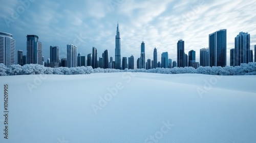 Snow-covered skyline of a futuristic city with towering skyscrapers and frosted green spaces under a cold winter sky 