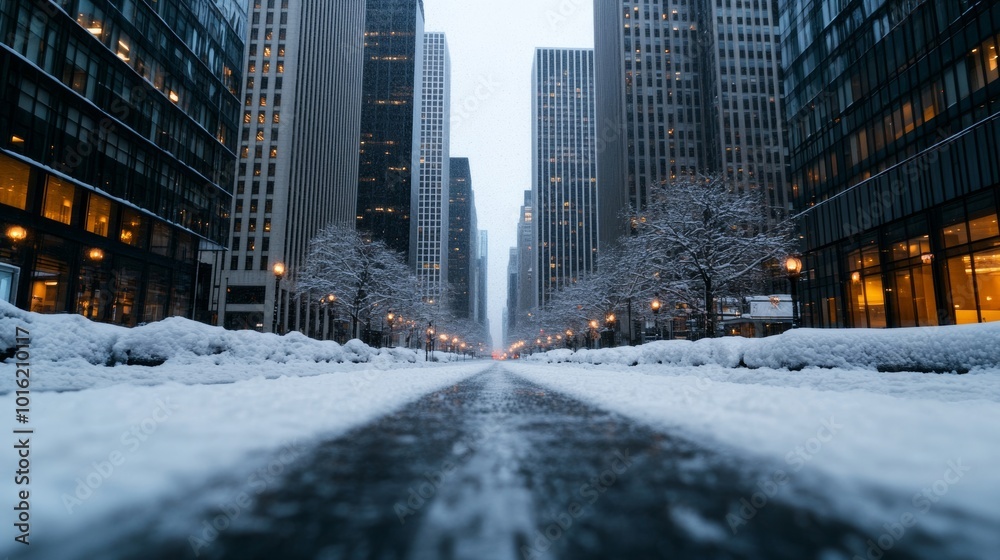 Fototapeta premium Snow-dusted skyscrapers and frozen streets with soft winter light reflecting off glass buildings in the city 
