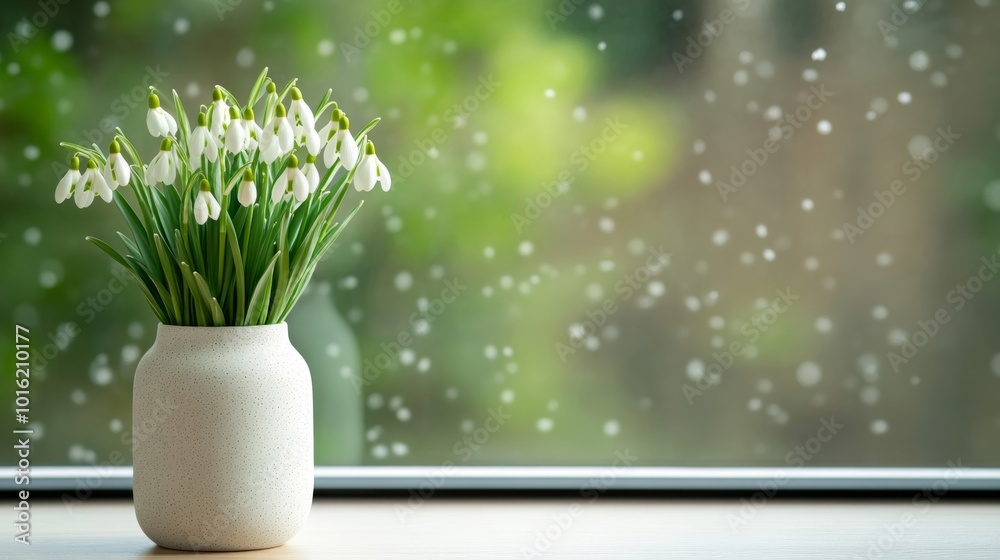 Snowdrop bouquet in a simple ceramic vase, placed on a windowsill with snow falling gently outside, soft winter light casting shadows on the table Snowdrop bouquet in a simple ceramic vase, placed on a windowsill with snow falling gently outside, soft winter light casting shadows on the table