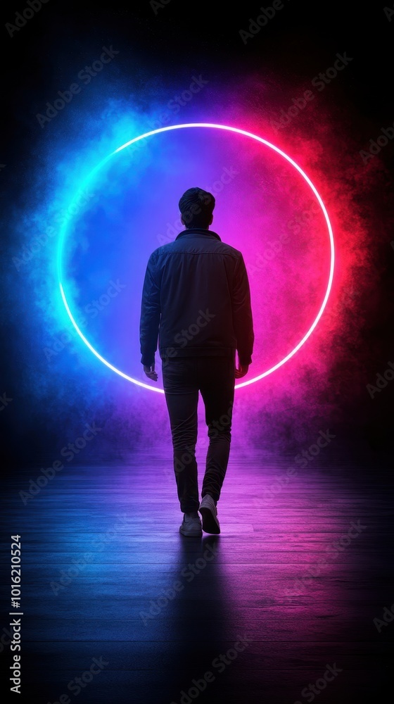 Person walking into colorful neon light Person walking into colorful neon light